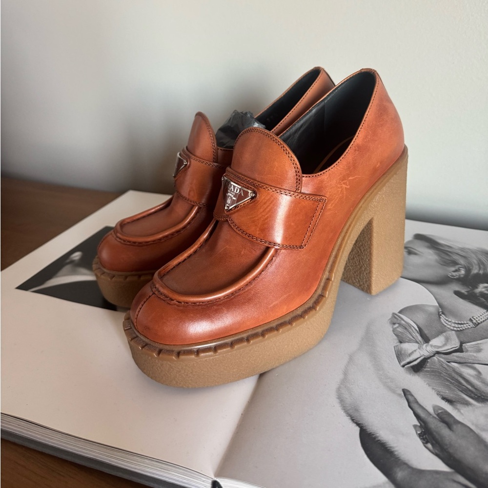 Prada Women's Tan Leather Heel Loafers